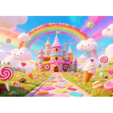 Imagem de DULUDA Fundo colorido para fotografia de castelo de doces de 1,8 x 1,8 m Candyland para meninas, aniversário, decoração de festa, banner, estúdio fotográfico, adereços
