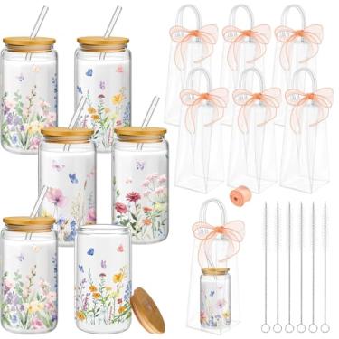 Imagem de Mumufy 6 conjuntos de copos estéticos com saco de presente transparente de 473 ml, copo de vidro fofo reutilizável com tampas e canudos, escova de limpeza para café, coquetel, meninas, mulheres