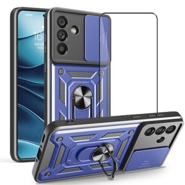 Imagem de CNPUTAO Capa para Xiaomi Redmi 15 5G com protetor de tela de vidro temperado, janela deslizante para câmera, suporte, capa de telefone de camada dupla antiarranhões à prova de choque, azul