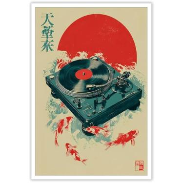 Imagem de Bizabud Pôster retrô de vinil toca-discos música japonesa arte de parede asiática Ukiyo-e Koi peixe natação inspiração zen pinturas de arte para sala de estar quarto escritório decoração de parede 30