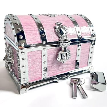 Imagem de KiteStar Grande baú de joias de metal retrô de camada dupla, estilo pirata, caixa de tesouro em relevo de cabeça de leão com cadeado para armazenamento de joias femininas (pintura a óleo rosa cromado)