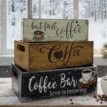 Imagem de Fiwochic 3 peças de café bar Love Is Brewing caixa de madeira vintage de Natal rústica caixa de armazenamento de Natal casa de fazenda decoração de mesa de armazenamento de madeira balde organizador