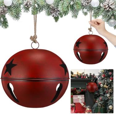 Imagem de Civaner Sinos grandes de Natal de 20 cm, sinos de trenó pendurados gigantes com recortes de estrela de corda grossa, ornamentos para decoração de jardim de lareira de Natal vintage (vermelho retrô)