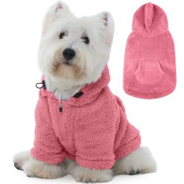 Imagem de IDOMIK Suéter Fuzzy Dog com capuz ajustável, suéter de lã quente para cachorro com orifício e bolso, pulôver para cães pequenos, moletom com capuz felpudo para outono, inverno, Natal, rosa, P