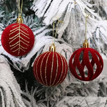 Imagem de Conjunto de 6 peças elegantes de decoração de árvore de Natal flocada em vermelho, verde e branco - Bolas coloridas pintadas de plástico de 6 cm, com textura de veludo e ganchos resistentes, feriados