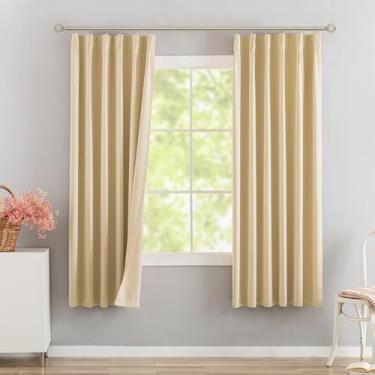 Imagem de DONREN Cortinas blackout plissadas bege com ganchos - 160 cm de comprimento, escurecimento térmico, isolamento térmico, painéis de cortina de janela curta para banheiro, quarto de crianças, 2 painéis