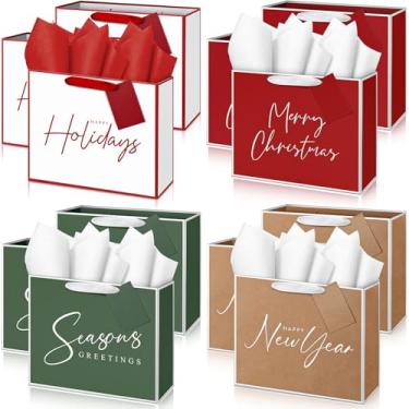 Imagem de Aliceset Pacote com 12 sacos rústicos de presente de Natal com papel de seda e etiquetas, simples, sortidos, vermelhos, verdes, brancos, sacos de presente para presente de Natal para festas de ano