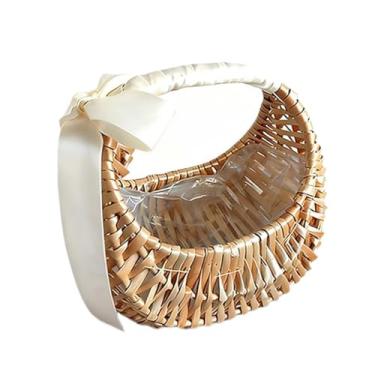 Imagem de Ｂｅｓｇａ Cesto de vime em formato de meia-lua, ideal para casamentos, portátil e criativo, com design boho rústico. Possui alça de fita para armazenamento de