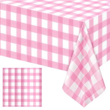 Imagem de Pacote com 4 toalhas de mesa xadrez rosa listradas, capas de mesa retangulares de plástico descartáveis, 137 x 272 cm, toalhas de mesa rosa quadriculadas rosa e branco à prova d'água para piquenique