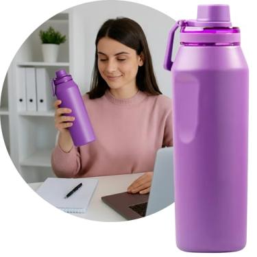 Imagem de Garrafa Térmica, Tampa Antivazamento, com Canudo e Alça, Base Antiderrapante, Parede Dupla em Inox que Conserva Líquidos Quentes e Frios por Horas (Roxo, 500ml)