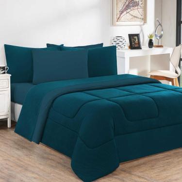 Imagem de Kit Edredom + Jogo De Lençol Malha 100% Algodão 4 Peças Solteiro - Azul Petróleo-azul Petróleo