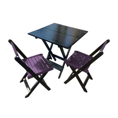 Imagem de Mesa De Madeira Dobrável Preto 70x70 Com 2 Cadeiras Dobráveis Roxo - Roxo
