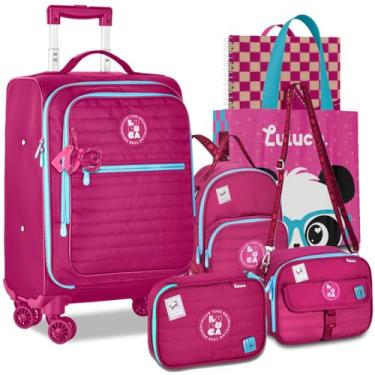 Imagem de Kit Mala Mochila Escolar Luluca Carrinho 360 Lancheira Estojo Rodinhas Resistente Reforçada (Rosa)