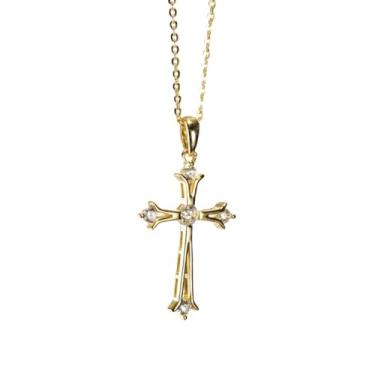 Imagem de CLEOPIA Colar de prata esterlina 925 clássico acentuado com cruz para mulheres – Pingente de fé cristã de zircônia cúbica delicada com corrente ajustável de 40 a 45 cm, hipoalergênico (banhado a ouro)