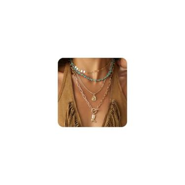 Imagem de Joias ocidentais de ouro em camadas para mulheres, boêmio, étnico, turquesa, contas, gargantilha, moeda, disco, colares, chapéu delicado, bota, clipe de papel, corrente, acessórios, Large, Zinco, Sem