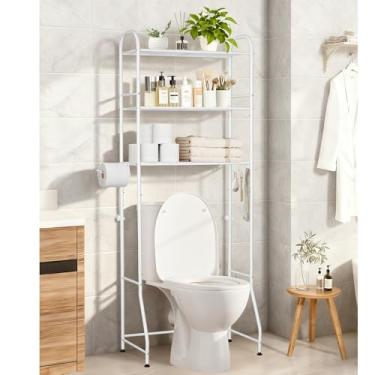 Imagem de DwelSpire Rack de armazenamento sobre o vaso sanitário de 3 camadas - Organizador independente de prateleira de banheiro com suporte de papel higiênico e 3 ganchos, design resistente à ferrugem e