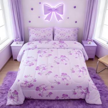 Imagem de Feelyou Conjunto de edredom com laço de flor roxa para todas as estações, lindo conjunto de cama floral com laço e 2 fronhas, microfibra de microfibra para decoração de quarto, edredom macio e leve