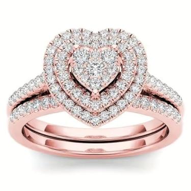 Imagem de Conjunto de 2 peças de anel de coração doce de zircônia para mulheres, acessório de moda para encontros, festas, férias, moda, 10, Cobre, Zircônia cúbica