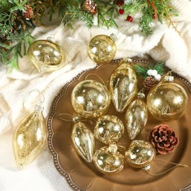 Imagem de Soulchen Conjunto de enfeites de bola de Natal de vidro de mercúrio com glitter dourado, 12 peças, decorações de árvore de Natal, lâmpadas de vidro de Natal penduradas para árvores, festas, casamentos
