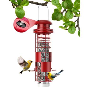 Imagem de Alimentador solar de pássaros à prova de esquilos para pendurar ao ar livre, alimentador de sementes de pássaros de metal com grande capacidade, poleiros ativados por peso, 4 portas de alimentação