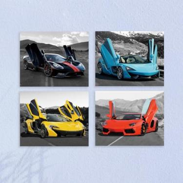 Imagem de 4 peças Fantástica Decoração de Parede de Carro Sem Moldura Colorida Pintura Supercarro Poster Arte para Paredes, Carro de Corrida Garagem Decoração de Parede Impressões Modernas para Quarto de