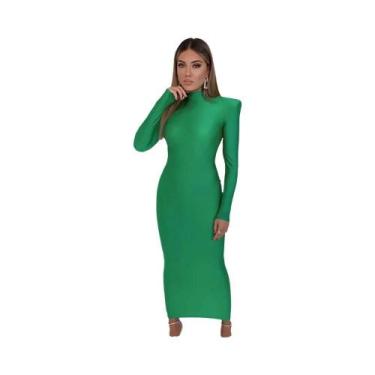 Imagem de Vestido Maxi Bodycon Verde Com Ombros Almofadados E Manga Longa Para M