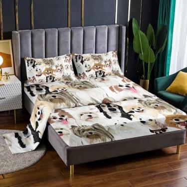 Imagem de Nttopship Jogo de cama casal com desenho animado de cachorro, 4 peças, com bolsos profundos de 40,6 cm, 4 peças (1 lençol + 1 lençol + 2 fronhas)