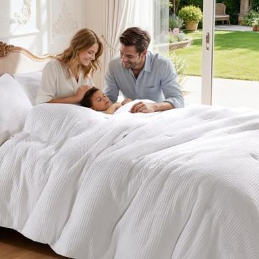 Imagem de Shilucheng Conjunto de edredom queen de algodão waffle – Conjunto de cama de 3 peças com edredom e 2 fronhas, edredom macio e respirável para todas as estações, lavável na máquina, branco