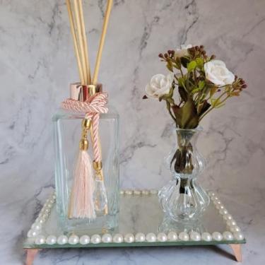 Imagem de Kit Luxo Frasco Square Begônia 250ml para Difusor de Aromas com Vaso Florido e Bandeja Decorada(PRETO)