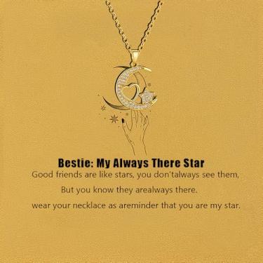Imagem de GLUBU Colar feminino com lua e estrela banhado a ouro 14K significativo, pingente de amizade sentimental delicado, presente de Natal brilhante para ela com caixa de presente