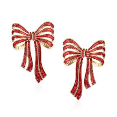 Imagem de GUOXIAOMEI Brincos de laço de Natal para mulheres, brincos de laço vermelho de Natal, brincos de fita verde, joias festivas de Natal, Large, Metal, Sem pedra preciosa