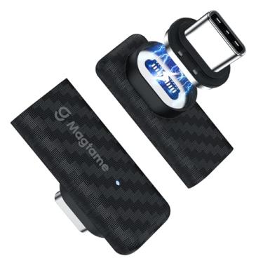 Imagem de Magtame Pacote com 2 adaptadores magnéticos USB C de 240 W, extensor USB-C de 24 pinos 90° com revestimento de plástico de fibra de carbono, carregamento rápido de 40 Gbps à prova de poeira e vídeo 4K