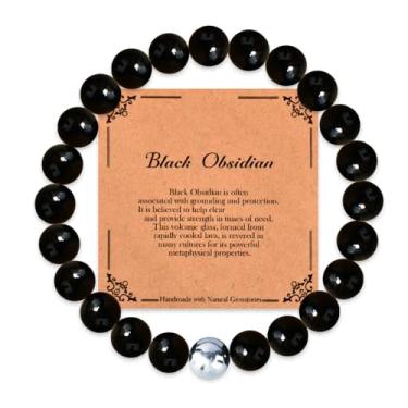 Imagem de Pulseira de proteção de obsidiana preta pulseira de turmalina com contas presentes de aniversário e Natal para homens e mulheres pulseiras espirituais de força poderosa pulseiras de cristal de cura