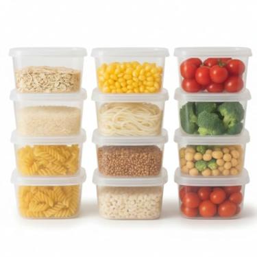 Imagem de Kit 12 Potes Plásticos Retangulares 520ml com Tampa Transparente | BPA Free | Vai ao Micro-ondas, Freezer e Lava-Louças | Ideal para Marmita, Lancheira e Organização de Alimentos