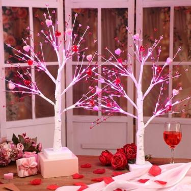 Imagem de Baquler 2 peças de bétulas iluminadas com LED para dia dos namorados com palitos de baga em forma de coração, iluminação artificial, pré-iluminada, árvore de mesa de 61 cm, decoração de dia dos