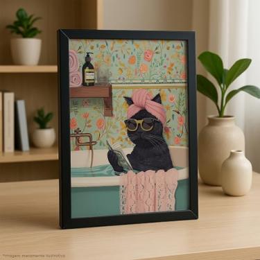 Imagem de Quadro Decorativo Gato na Banheira, Estilo Vintage, Moldura Preta, Arte Floral, 30x40 cm