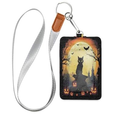 Imagem de Wassud Porta-crachá de couro PU Happy Halloween Cat com cordão, porta-cartão de identificação para trabalho, cordão de pescoço com compartimentos para cartões de crédito, funcionários, estudantes, 40