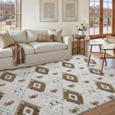 Imagem de WondRg Tapete felpudo lavável marrom e marfim 10 x 15 cm para sala de estar, xadrez, neutro, macio, antiderrapante, durável, geométrico, boho, decoração de quarto, sala de jantar, entrada, dormitório