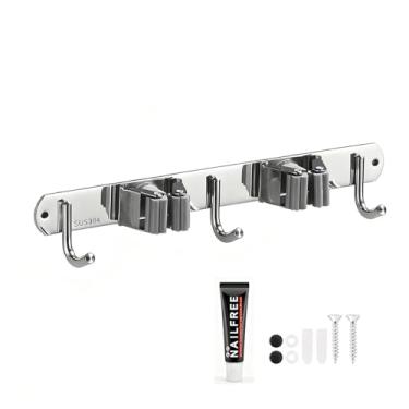 Imagem de Suporte de vassoura de parede para esfregão e vassoura montado na parede rack de armazenamento de garagem, organizador de ferramentas de jardim (2 prateleiras com 3 ganchos, prata)