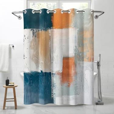 Imagem de Lnond Cortina de chuveiro azul, laranja, moderna, abstrata, impermeável, sem gancho, para banheiro, spa, banheira, 71 L x 74 C