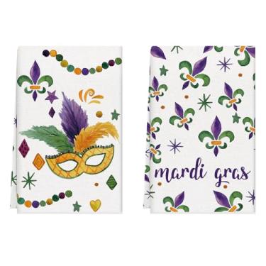 Imagem de XCHI Mardi Gras Fleur De Lis Iris Beads Máscara de baile de máscaras Celebração Carnaval Toalhas de cozinha Toalhas de prato 45 x 66 centímetros Decorações de casa Toalhas de mão Conjunto de 2 panos