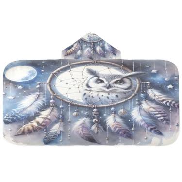 Imagem de Burbuja Dreacatcher com coruja toalha de banho com capuz para crianças, toalha de praia de pelúcia macia absorvente para meninas e meninos 3-10 anos, 61 x 127 cm