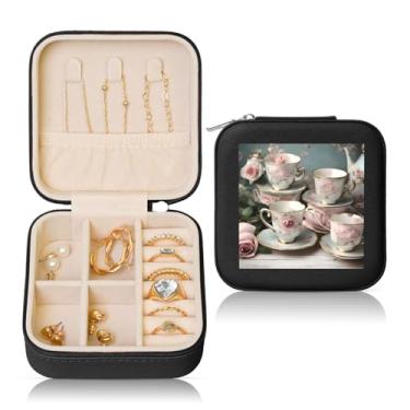 Imagem de Xícaras de chá com rosas impressão romântica caixa de joias quadrada caixa de armazenamento portátil para anéis femininos brincos colares