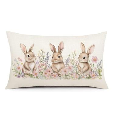 Imagem de AOFANGGO Capa de almofada de Páscoa 30,5 x 50,8 cm coelhos rosa flores decorações férias fazenda decoração primavera capa de almofada para sofá casa sofá