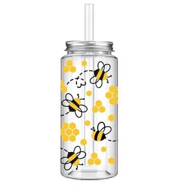 Imagem de Whaline 20 peças de copos de plástico de abelha com tampas e canudos, copos transparentes de festa, copos reutilizáveis de favo de mel para primavera, verão, aniversário, chá de bebê, suprimentos de