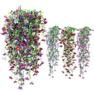 Imagem de FineCheer 6 peças de flores artificiais para pendurar ao ar livre de seda sintética mãe decoração de planta violeta com eucalipto realista resistente a UV trepadeira primavera pátio (cor elegante