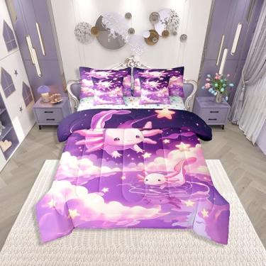 Imagem de Erosebridal Jogo de cama solteiro com desenho animado axolotl roxo estrelado de 7 peças | Conjunto de edredom princesa nuvem sonhadora com lençóis, ombré, kawaii, salamandra, em uma bolsa, crianças