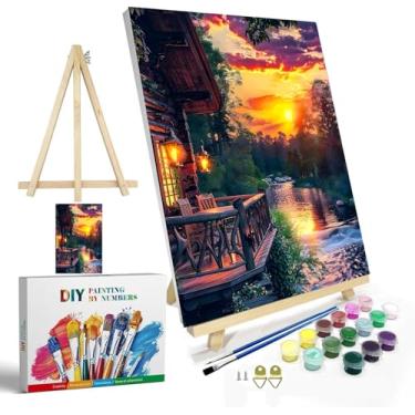 Imagem de igoodom Kit de pintura de paisagem por números para adultos com moldura e cavalete, pintura acrílica DIY de 20 x 30 cm em tela com caixa, conjunto de pintura de casa do pôr do sol por números para