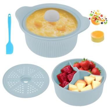 Imagem de Vaporizador de silicone para micro-ondas de 1,2 L, 3 compartimentos para vegetais e peixes, comida de bebê, panela de micro-ondas com alça e tampa, pode ir à lava-louças (azul)