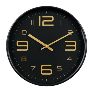 Imagem de Relógio de Parede Analógico Redondo Preto – Numeração Grande Silencioso Vidro Frontal Design Moderno Ideal Sala, Cozinha e Escritório – 30x30cm (Preto com Dourado)